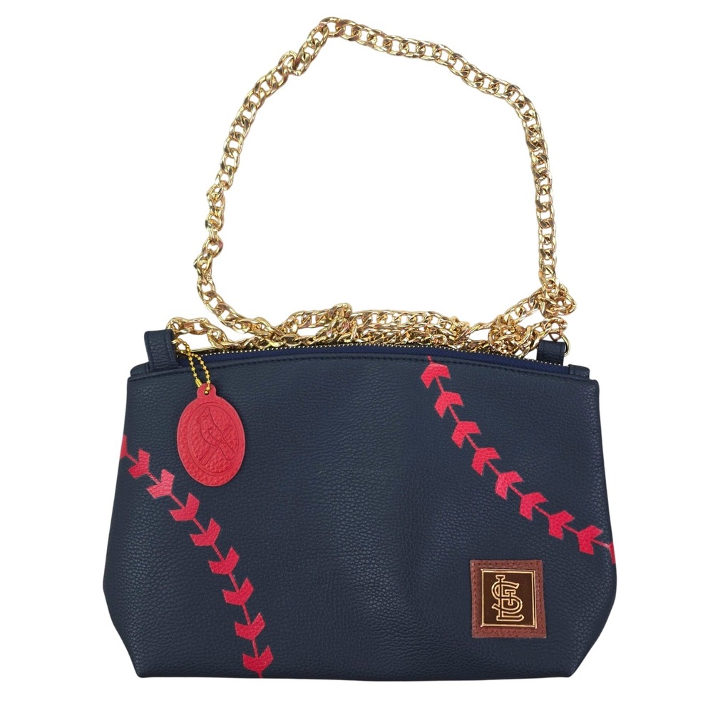 St. Louis Cardinals Crossbody Bag Womens Navy Red Baseball Stitch Gold Chain MLB